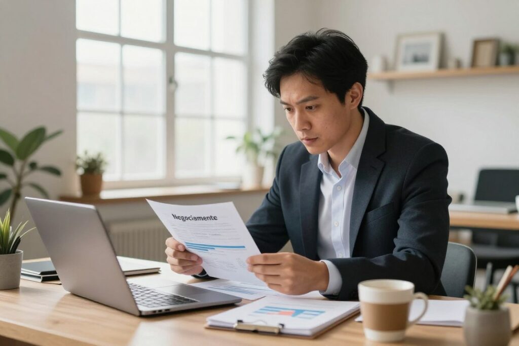 A determined entrepreneur in professional business attire is brainstorming ideas for a startup with minimal investment. In the foreground, a cluttered desk is filled with a notebook, a laptop, and a cup of coffee, symbolizing creativity and hard work. In the middle, the entrepreneur is analyzing charts and notes, showcasing dedication and strategic planning. The background features a bright, airy home office with large windows allowing natural light to flood in, creating an optimistic atmosphere. Soft lighting enhances focus on the subject, while a shallow depth of field blurs the background slightly. The overall mood is inspiring and hopeful, embodying the theme of starting a business with little to no funds. Include the brand name "Negociamente" subtly placed within the scene.