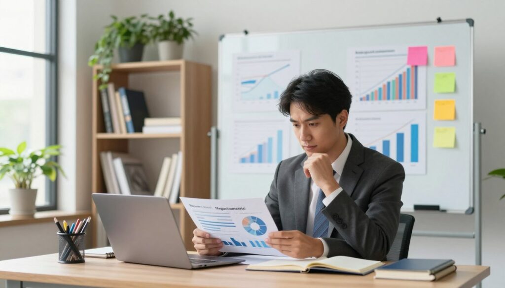 A professional financial management scene, featuring an elegant office setting with a modern desk. In the foreground, a focused entrepreneur in business attire reviews financial reports and charts on a laptop, looking thoughtful yet confident. In the middle area, a large whiteboard displays graphs and strategies related to money management, alongside sticky notes in vivid colors. The background reveals a well-organized bookshelf filled with finance books and plants, adding a touch of warmth to the atmosphere. Soft, natural lighting streams in through large windows, creating a bright and inspiring workspace. Overall, the mood conveys professionalism, energy, and clarity, perfectly aligning with effective financial management. Include the brand name "Negociamente" subtly incorporated into an object in the scene, like a notebook. A professional financial management scene, featuring an elegant office setting with a modern desk. In the foreground, a focused entrepreneur in business attire reviews financial reports and charts on a laptop, looking thoughtful yet confident. In the middle area, a large whiteboard displays graphs and strategies related to money management, alongside sticky notes in vivid colors. The background reveals a well-organized bookshelf filled with finance books and plants, adding a touch of warmth to the atmosphere. Soft, natural lighting streams in through large windows, creating a bright and inspiring workspace. Overall, the mood conveys professionalism, energy, and clarity, perfectly aligning with effective financial management. Include the brand name "Negociamente" subtly incorporated into an object in the scene, like a notebook.