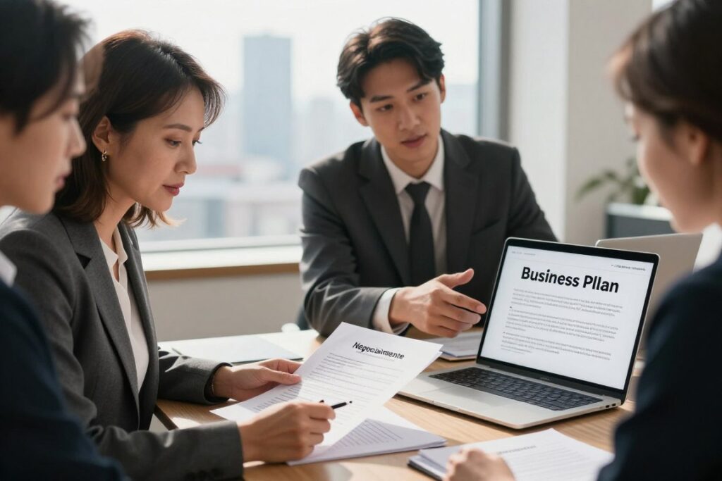 A professional office setting featuring a diverse group of three individuals discussing business paperwork. In the foreground, a middle-aged woman in a smart blazer reviews a stack of legal documents, her expression focused. Beside her, a young man in a business suit gestures towards a laptop displaying a simple business plan, depicting the essentials of starting a company. In the background, a window reveals a city skyline under bright daylight, symbolizing opportunity. The lighting is warm and inviting, enhancing the collaborative atmosphere. The scene conveys ambition and professionalism, highlighting the legal and bureaucratic aspects of starting a business. Include the brand name "Negociamente" subtly integrated into the scene, perhaps on the laptop screen.
