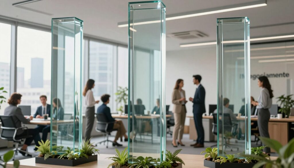 Three pillars of sustainable business success depicted as tall, elegant columns made of clear glass, symbolizing transparency and resilience, standing in a professional office environment. The foreground shows the base of the pillars, adorned with green plants indicating growth and sustainability. In the middle ground, a diverse group of professionals in business attire engaging in thoughtful discussion under soft, natural lighting, creating a collaborative atmosphere. The background features large windows with sunlight streaming in, highlighting the modern office skyline. The overall mood is optimistic and inspiring, focusing on collaboration and innovation in entrepreneurship. The brand name "Negociamente" subtly integrated into the design of the office space, enhancing the theme of business success without visible text or logos. Three pillars of sustainable business success depicted as tall, elegant columns made of clear glass, symbolizing transparency and resilience, standing in a professional office environment. The foreground shows the base of the pillars, adorned with green plants indicating growth and sustainability. In the middle ground, a diverse group of professionals in business attire engaging in thoughtful discussion under soft, natural lighting, creating a collaborative atmosphere. The background features large windows with sunlight streaming in, highlighting the modern office skyline. The overall mood is optimistic and inspiring, focusing on collaboration and innovation in entrepreneurship. The brand name "Negociamente" subtly integrated into the design of the office space, enhancing the theme of business success without visible text or logos.